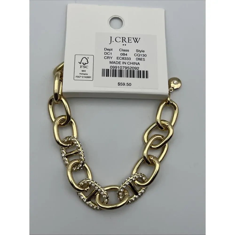 J Crew Chain Link Bracelet Gold Tone Pave Crystal Accent Adjustable Chunky Luxe